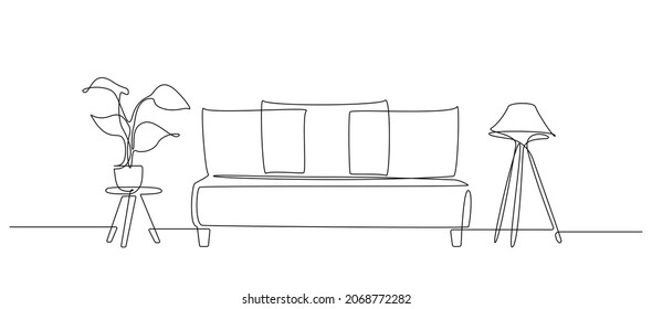 Continuous one line drawing of sofa and loft lamp and table with plant. Living room interior in bohemian apartment. Modern furniture in simple Linear style. Doodle vector illustration