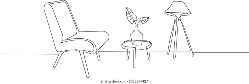 Continuous one line drawing of Sofa with lamp lampshade and home plant. Modern and furniture in simple Linear style. Doodle vector illustration