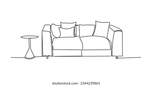 Continuous one line drawing of sofa and table. Vector illustration