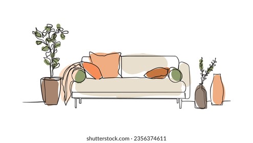 Continuous one line drawing of sofa and with potted plants. Scandinavian stylish furniture in simple linear style. Vector illustration