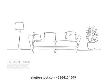 Continuous one line drawing of sofa and lamp and potted plant. Scandinavian stylish furniture in simple linear style. doodle vector illustration.