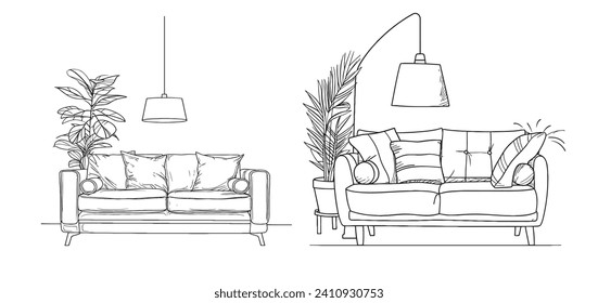 Continuous one line drawing of Sofa with lamp lampshade and home plant. Outline of isolated on white background. Monochrome vector illustration.