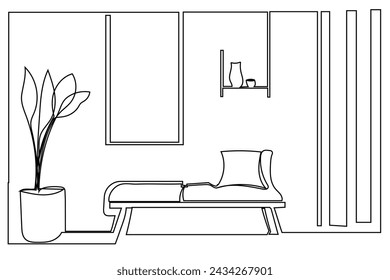 Continuous one line drawing of Sofa with lamp lampshade and home plant. Modern and furniture in simple Linear style. Doodle vector illustration