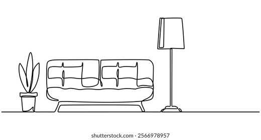 Continuous one line drawing of Sofa with lamp lampshade and home plant. Modern and furniture in simple Linear style. Doodle vector illustration, Cozy Chair And Leafy Plant Pink, Living room in simple.