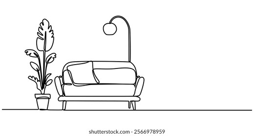 Continuous one line drawing of Sofa with lamp lampshade and home plant. Modern and furniture in simple Linear style. Doodle vector illustration, Cozy Chair And Leafy Plant Pink, Living room in simple.