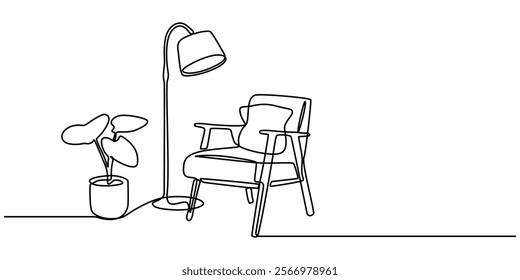 Continuous one line drawing of Sofa with lamp lampshade and home plant. Modern and furniture in simple Linear style. Doodle vector illustration, Cozy Chair And Leafy Plant Pink, Living room in simple.