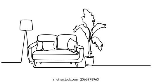 Continuous one line drawing of Sofa with lamp lampshade and home plant. Modern and furniture in simple Linear style. Doodle vector illustration, Cozy Chair And Leafy Plant Pink, Living room in simple.