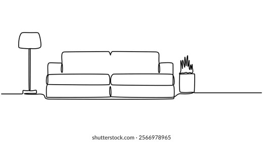 Continuous one line drawing of Sofa with lamp lampshade and home plant. Modern and furniture in simple Linear style. Doodle vector illustration, Cozy Chair And Leafy Plant Pink, Living room in simple.