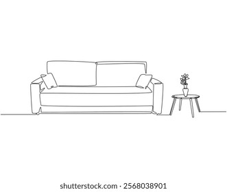 Continuous one line drawing of sofa and flower vase on table. One line drawing illustration of sofa with decoration. Interior room, decoration concept single line. Editable outline