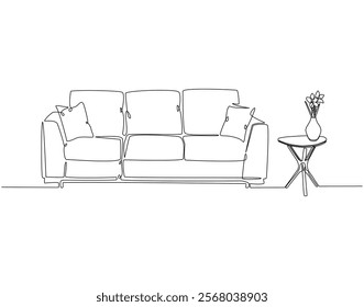 Continuous one line drawing of sofa and flower vase on table. One line drawing illustration of sofa with decoration. Interior room, decoration concept single line. Editable outline