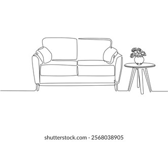 Continuous one line drawing of sofa and flower vase on table. One line drawing illustration of sofa with decoration. Interior room, decoration concept single line. Editable outline