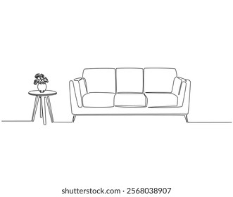 Continuous one line drawing of sofa and flower vase on table. One line drawing illustration of sofa with decoration. Interior room, decoration concept single line. Editable outline