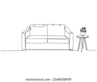 Continuous one line drawing of sofa and flower vase on table. One line drawing illustration of sofa with decoration. Interior room, decoration concept single line. Editable outline