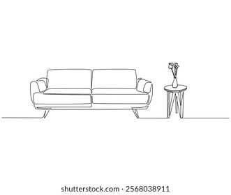 Continuous one line drawing of sofa and flower vase on table. One line drawing illustration of sofa with decoration. Interior room, decoration concept single line. Editable outline