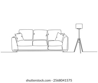 Continuous one line drawing of sofa with floor lamp. One line drawing illustration of sofa with lampshade. Interior room, decoration concept line art. Editable outline