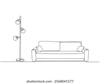 Continuous one line drawing of sofa with floor lamp. One line drawing illustration of sofa with lampshade. Interior room, decoration concept line art. Editable outline