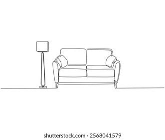 Continuous one line drawing of sofa with floor lamp. One line drawing illustration of sofa with lampshade. Interior room, decoration concept line art. Editable outline