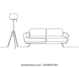 Continuous one line drawing of sofa with floor lamp. One line drawing illustration of sofa with lampshade. Interior room, decoration concept line art. Editable outline