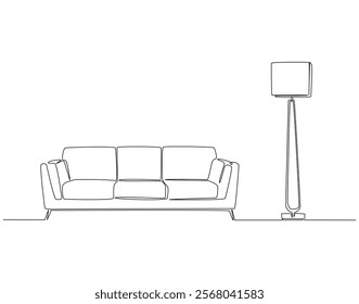 Continuous one line drawing of sofa with floor lamp. One line drawing illustration of sofa with lampshade. Interior room, decoration concept line art. Editable outline