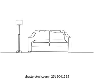 Continuous one line drawing of sofa with floor lamp. One line drawing illustration of sofa with lampshade. Interior room, decoration concept line art. Editable outline