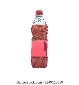 Continuous one line drawing soft drink in bottle plastic. Cold cola soda to crave for refreshing feeling. Drink to quench thirst. Swirl curl style. Single line draw design vector graphic illustration