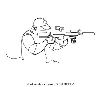 Dibujo continuo de una línea de icono de soldado en silueta sobre un fondo blanco. Linear estilizado.