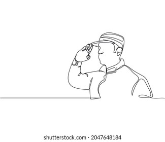 Continuous One Line Drawing Of Soldier Saluting Icon In Silhouette On A White Background. Linear Stylized.