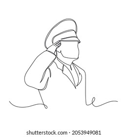 Continuous one line drawing of soldier and veteran saluting at memorial day  icon in silhouette on a white background. Linear stylized.