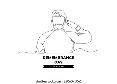 Continuous One Line Drawing A Soldier Salute Back View To Remembrance Day To Show Respect. Remembrance Day Concept. Single Line Draw Design Vector Graphic Illustration.