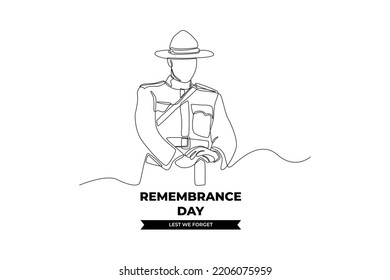 Continuous one line drawing a soldier bow their hands to remembrance day to show respect. Remembrance day concept. Single line draw design vector graphic illustration.