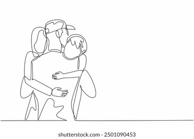 Continuous one line drawing a soldier hugs his wife and son. The task of maintaining world peace. Reuniting to release longing. National Hug a G.I. Day. Single line draw design vector illustration