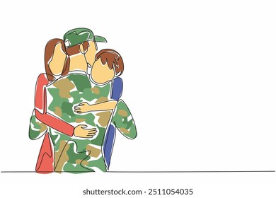 Continuous one line drawing a soldier hugs his wife and son. The task of maintaining world peace. Reuniting to release longing. National Hug a G.I. Day. Single line draw design vector illustration