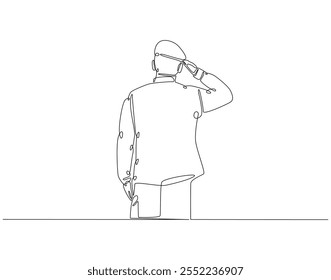 Continuous one line drawing of soldier salute. One line drawing illustration of soldier salute for remembrance. Remembrance day concept single line. Editable outline