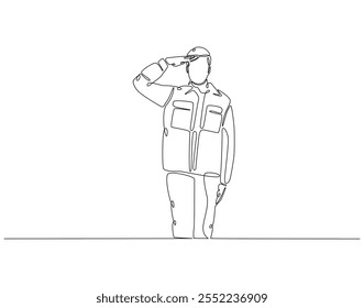 Um desenho contínuo de uma linha de saudação do soldado. Ilustração de desenho em uma linha da saudação do soldado para a lembrança. Linha única do conceito do dia da lembrança. Estrutura de tópicos editável