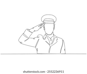 Continuous one line drawing of soldier salute. One line drawing illustration of soldier salute for remembrance. Remembrance day concept single line. Editable outline