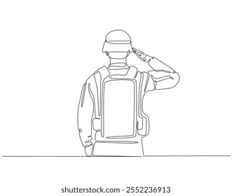 Continuous one line drawing of soldier salute. One line drawing illustration of soldier salute for remembrance. Remembrance day concept single line. Editable outline