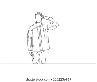 Continuous one line drawing of soldier salute. One line drawing illustration of soldier salute for remembrance. Remembrance day concept single line. Editable outline