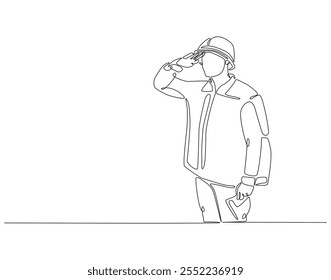 Continuous one line drawing of soldier salute. One line drawing illustration of soldier salute for remembrance. Remembrance day concept single line. Editable outline