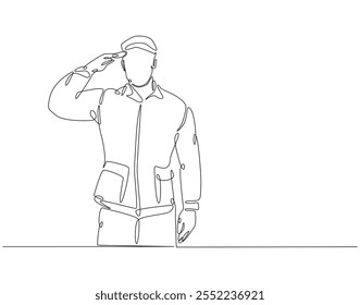 Continuous one line drawing of soldier salute. One line drawing illustration of soldier salute for remembrance. Remembrance day concept single line. Editable outline