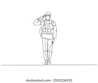 Um desenho contínuo de uma linha de saudação do soldado. Ilustração de desenho em uma linha da saudação do soldado para a lembrança. Linha única do conceito do dia da lembrança. Estrutura de tópicos editável