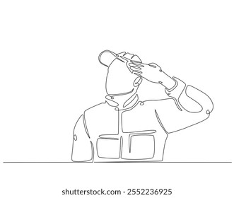 Continuous one line drawing of soldier salute. One line drawing illustration of soldier salute for remembrance. Remembrance day concept single line. Editable outline