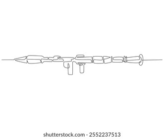 Um desenho contínuo de uma linha de lança-foguetes de soldado. Ilustração de desenho de uma linha do lançador de mísseis. RPG, lançador anti - tanque, conceito de equipamento soldado linha única. Estrutura de tópicos editável
