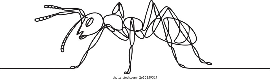 Continuous one line drawing of a soldier ant in minimal single line art style, editable black vector

