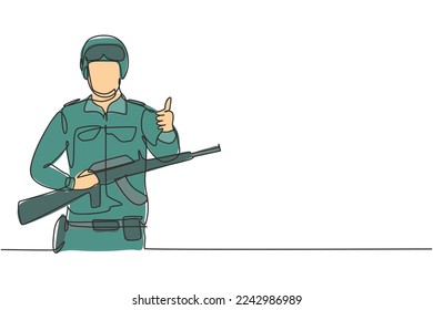 Continuous one line drawing soldiers with weapons, full uniforms, thumbs-up gestures are ready to defend the country on battlefield against enemy. Single line draw design vector graphic illustration.