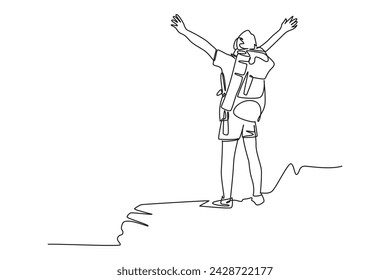 Continuous one line drawing Solo climbers feel very happy and amazed to see the natural scenery on the mountain. Adventure minimalist concept. Teamwork hiking. Single line draw design vector