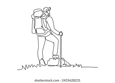 Continuous one line drawing solo hiker using stick when hike up mountain. Business, success, leadership, achievement and goal concept. Single line draw design vector illustration