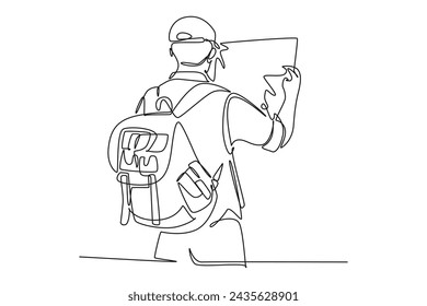 Continuous one line drawing of solo hiker use map at montain. Business, success, leadership, achievement and goal concept. Single line draw design vector illustration