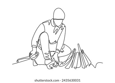 Continuous one line drawing of solo hiker are preparing a campfire so they don't get cold at night. Business, success, leadership, achievement and goal concept. Single line draw design vector illustra