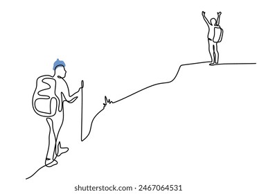 Continuous one line drawing solo hiker using stick when hike up mountain. Mountain climbers in one continuous single line art drawing style. Backpacker ascending mountain.