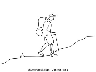 Continuous one line drawing solo hiker using stick when hike up mountain. Mountain climbers in one continuous single line art drawing style. Backpacker ascending mountain.